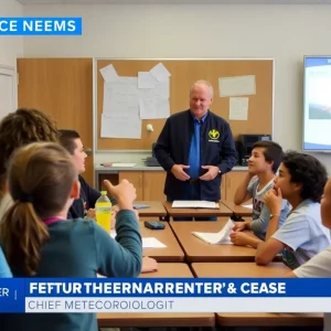 Third grade students at H.E. Corley Elementary engaging with a Chief Meteorologist during a weather education day.