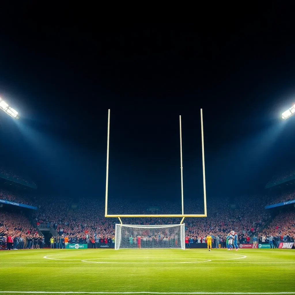 Football field with cheering crowd and goalposts towering.