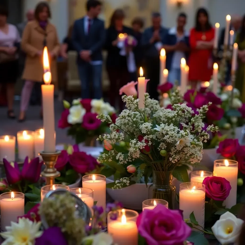 Candles and flowers at a memorial gathering for inspiration.