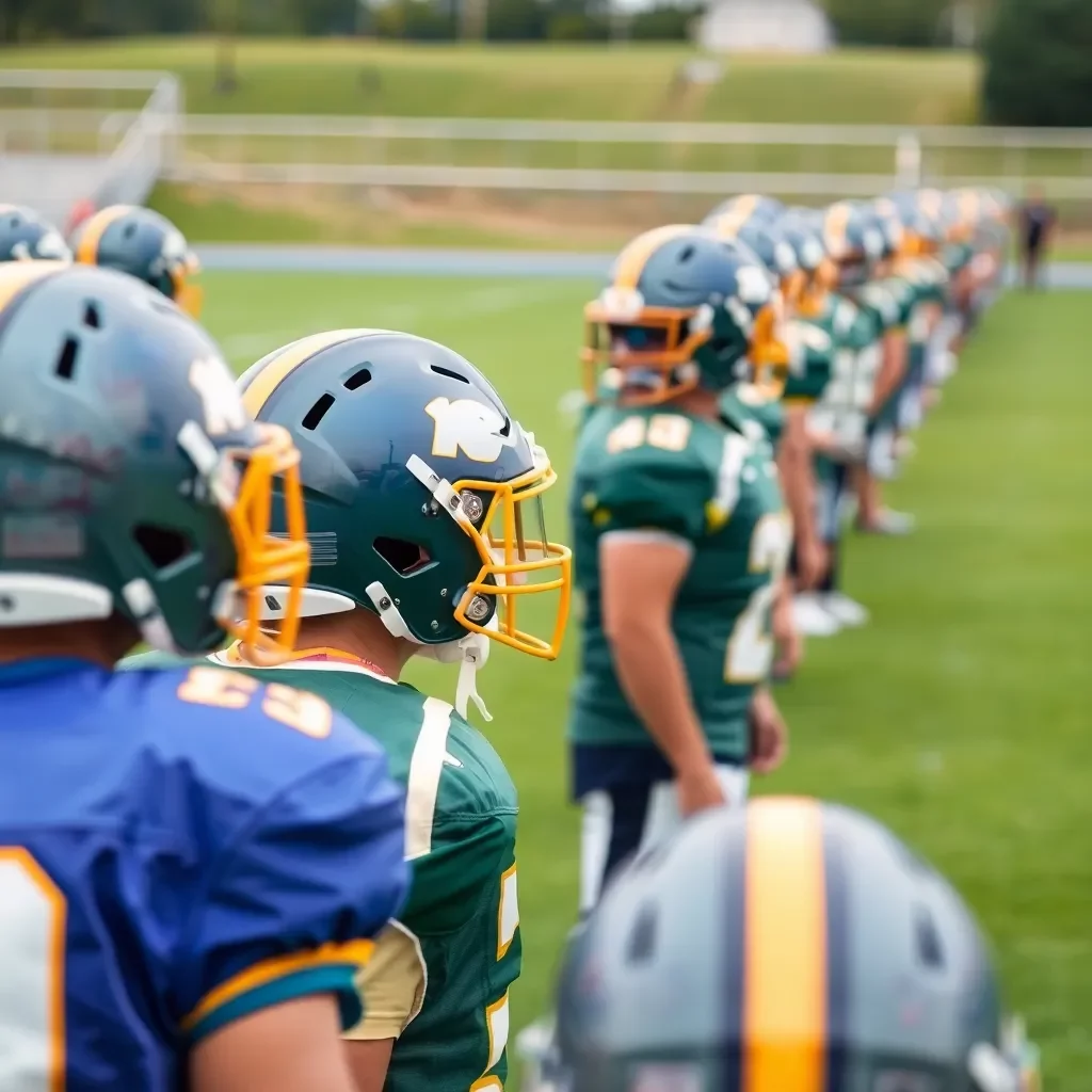 Football helmets and jerseys in team colors on grass field.