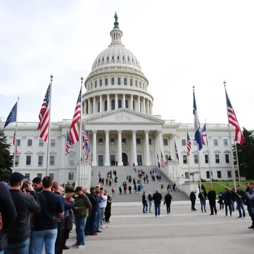 State Capitol building with flags and waiting journalists.