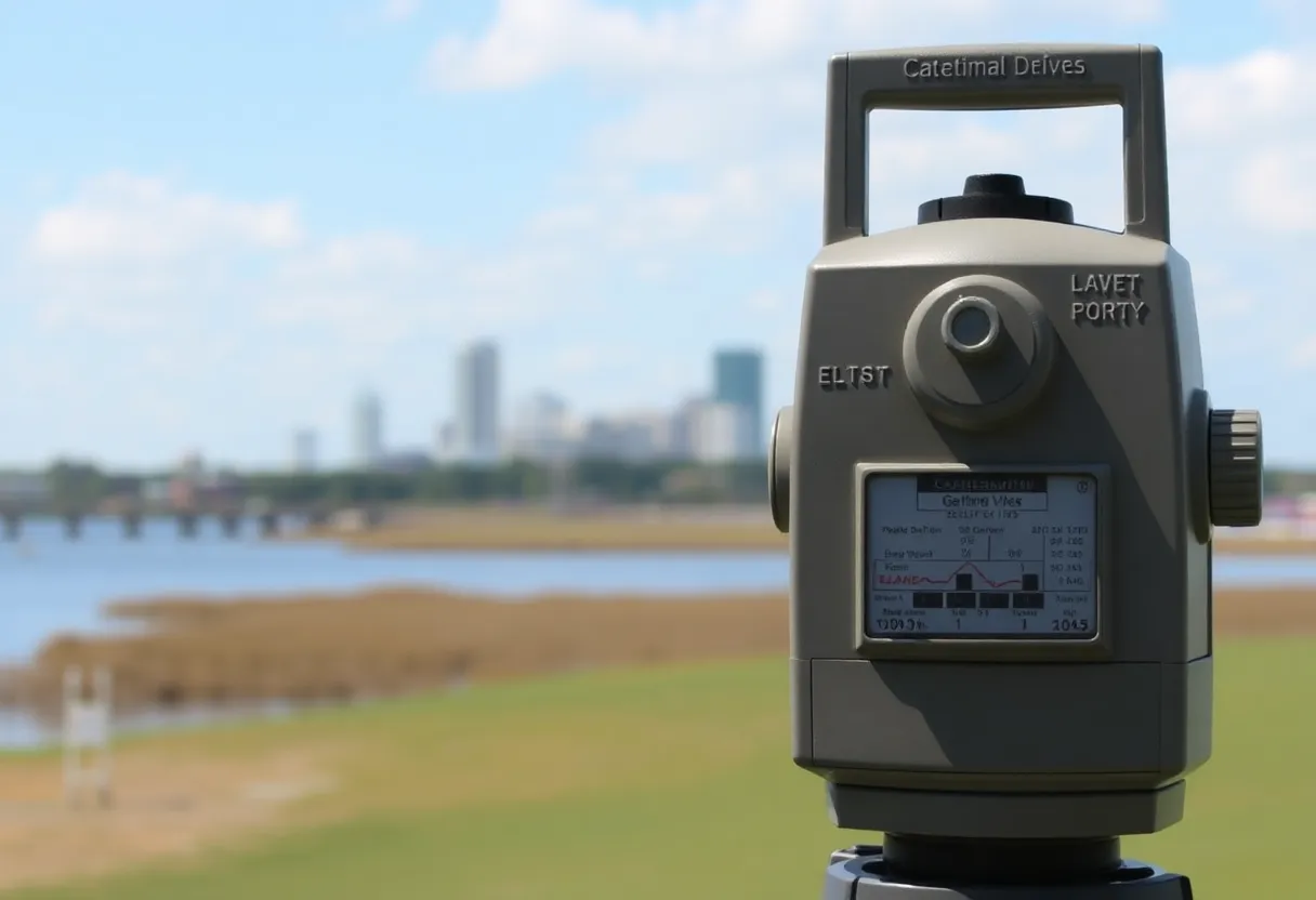 Seismograph reading with Charleston skyline in the background.