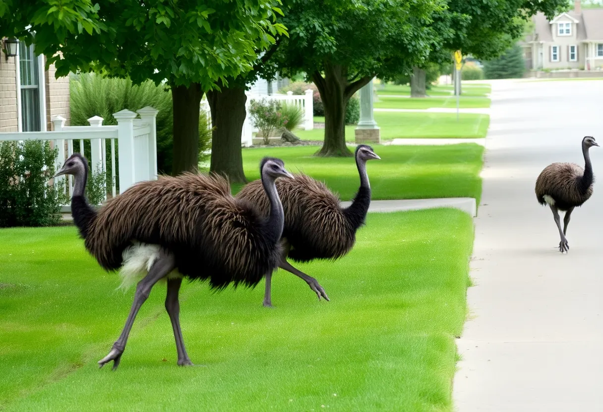 Emus roaming freely through a peaceful suburban neighborhood.