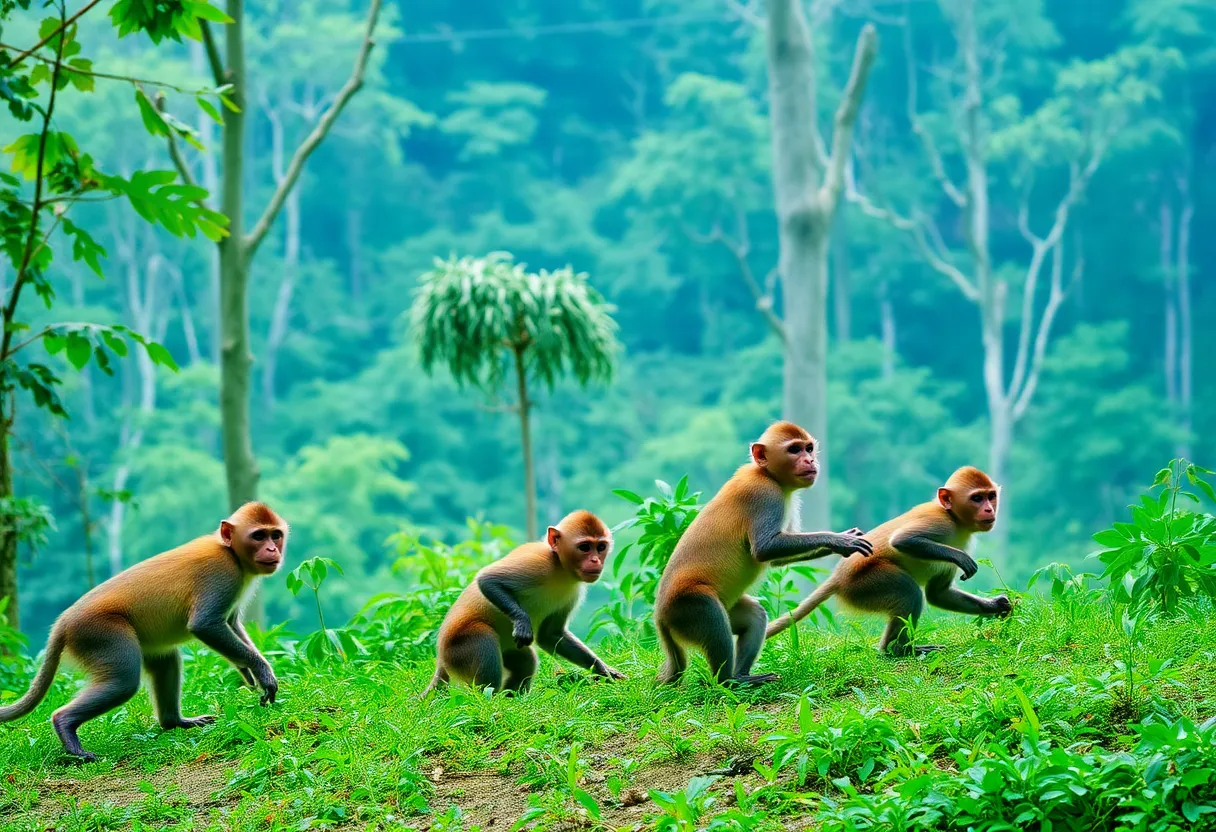 Playful monkeys exploring a lush green forest.