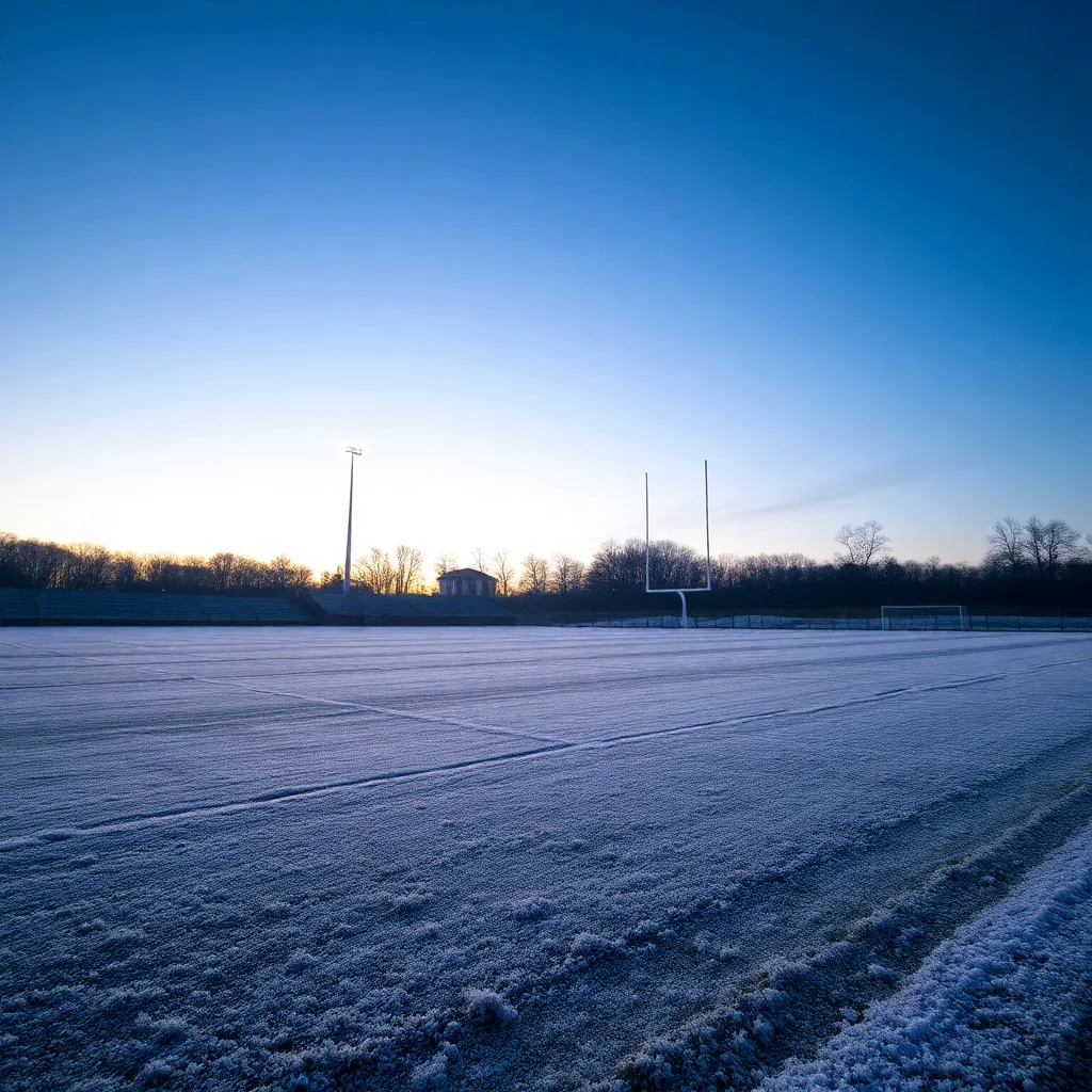 Frosty football field under stadium lights at dusk.