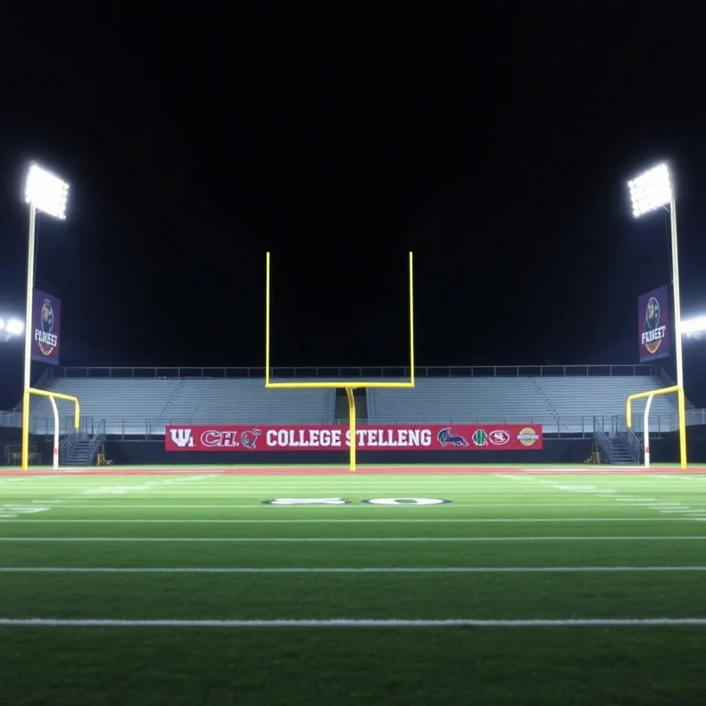 College football field with goalposts and team banners.