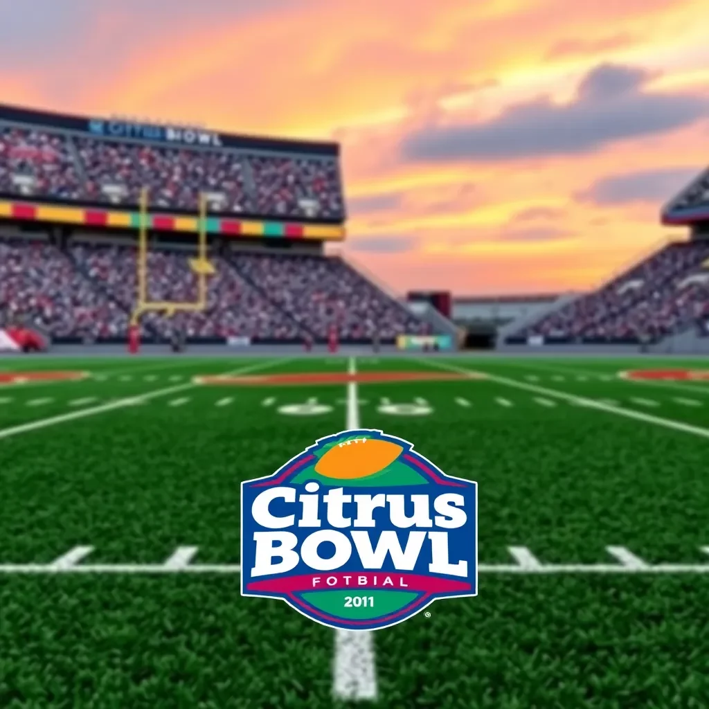 Football field with vibrant team colors and Citrus Bowl logo.