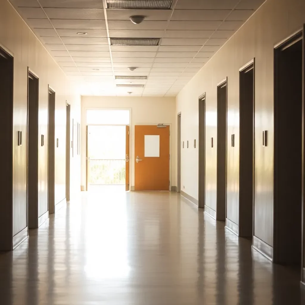 Empty institutional hallway with open doors and sunlight.