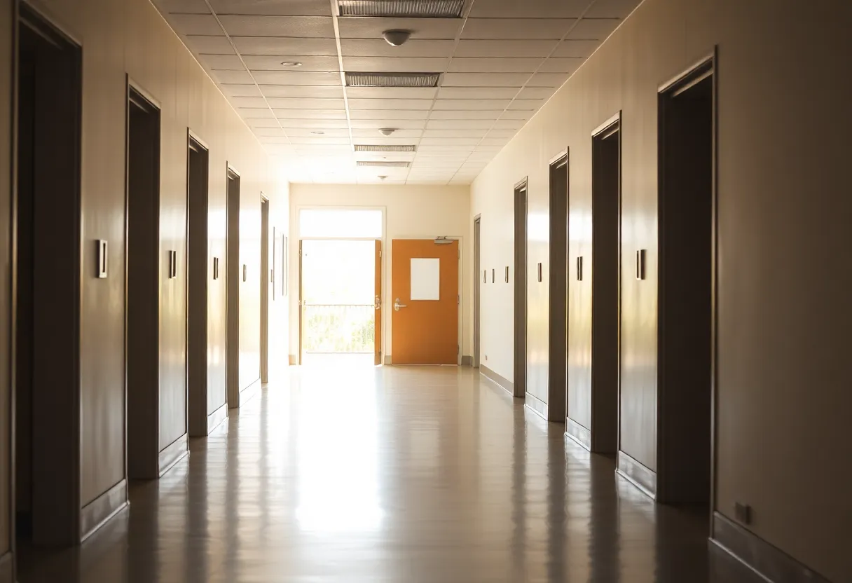 Empty institutional hallway with open doors and sunlight.