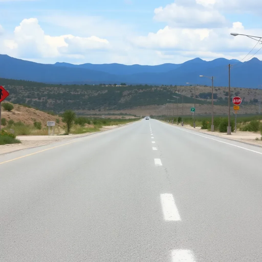 Empty, deserted road with caution signs and flowers.