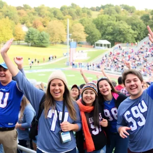 Cheerful fans supporting university football at local stadium.