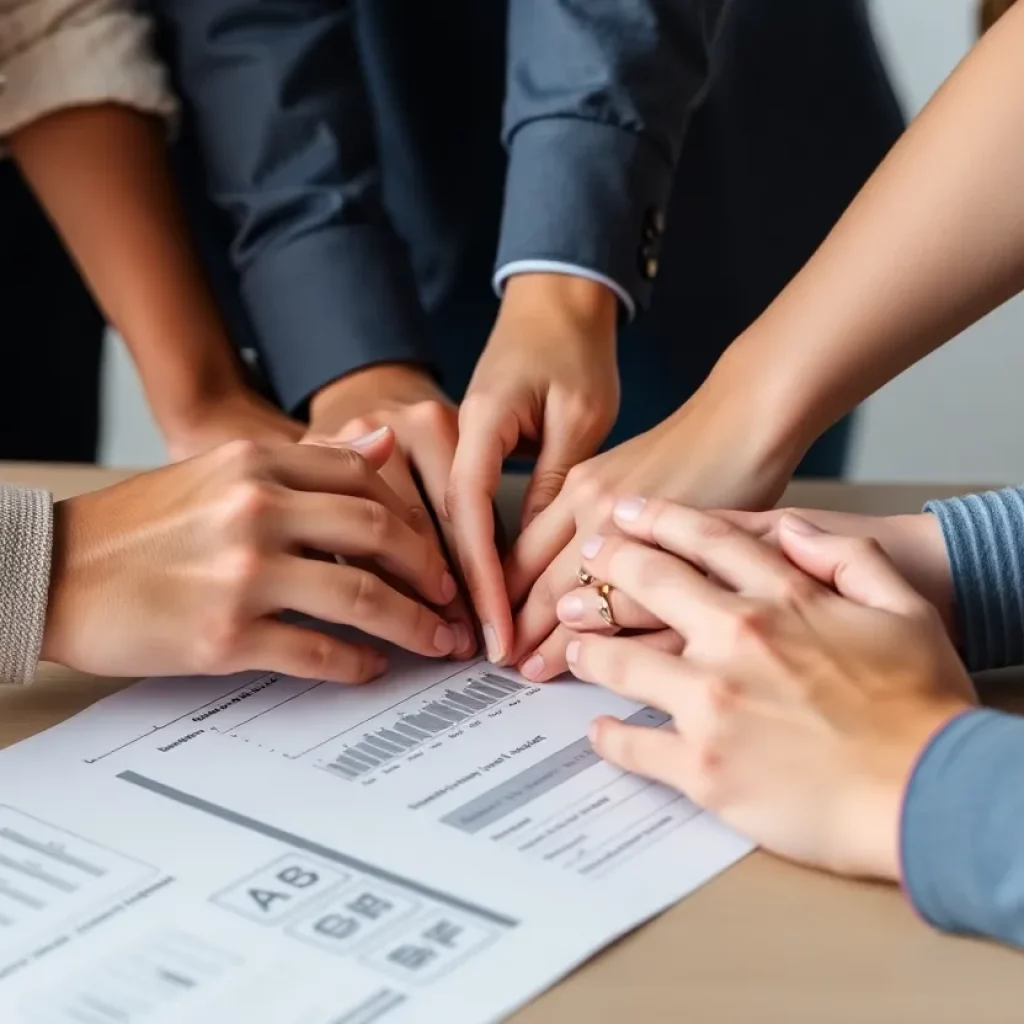 Diverse hands joining together over a job application.