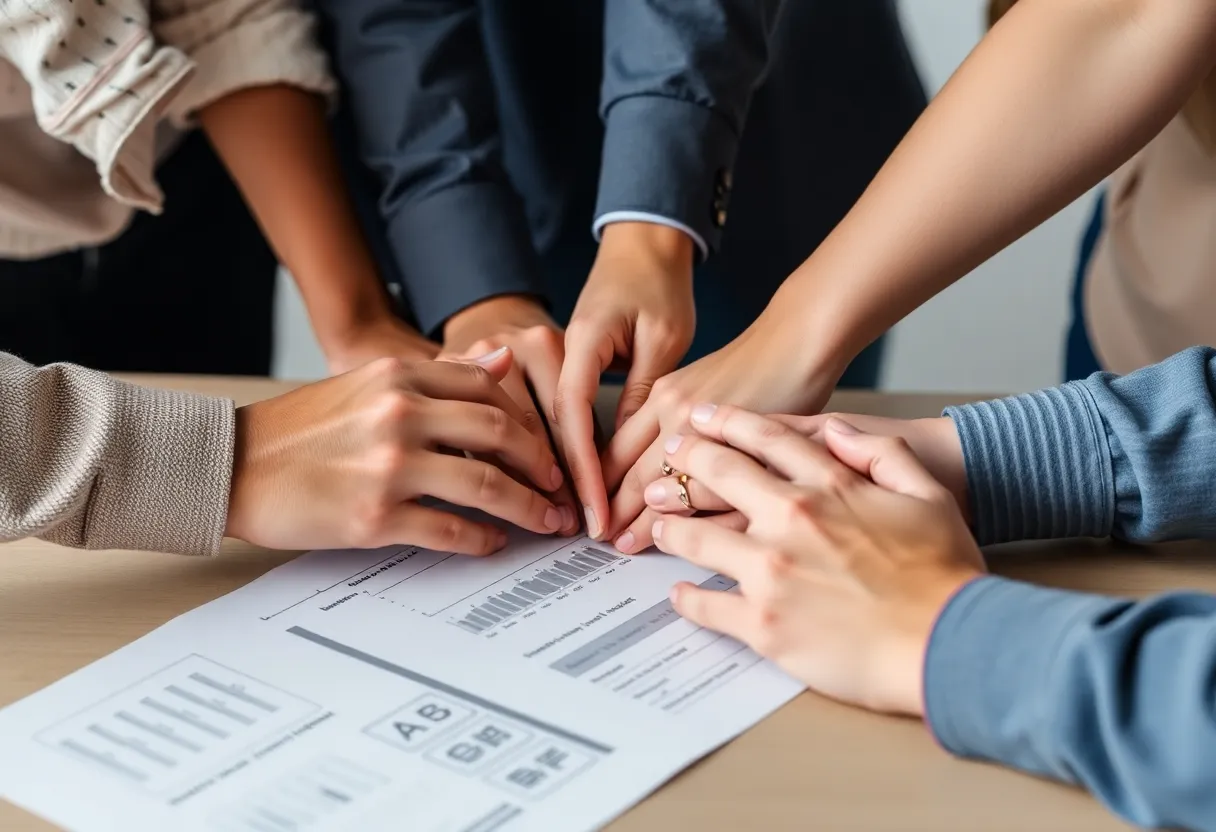 Diverse hands joining together over a job application.