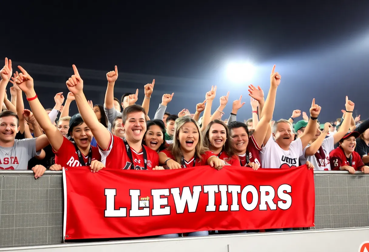 Excited fans celebrating victory with team banner.