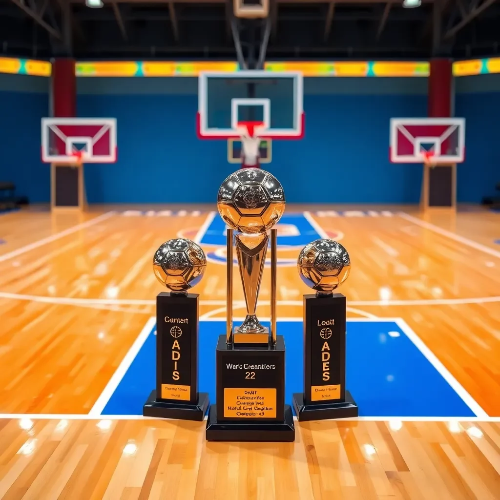 Basketball court with vibrant team colors and championship trophies.