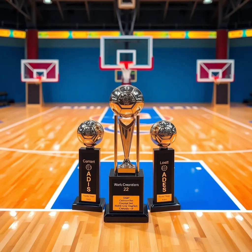 Basketball court with vibrant team colors and championship trophies.