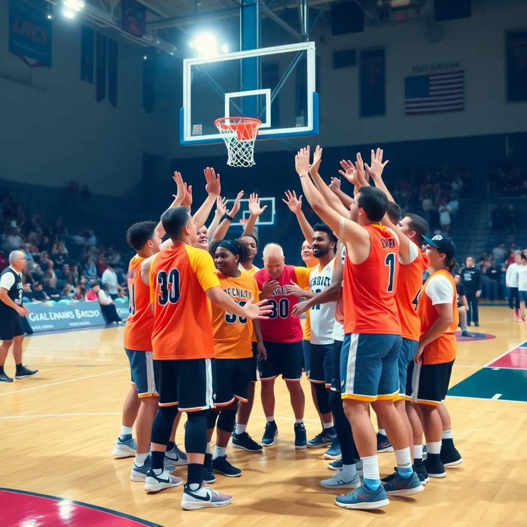 Basketball court celebration with team spirit and unity.