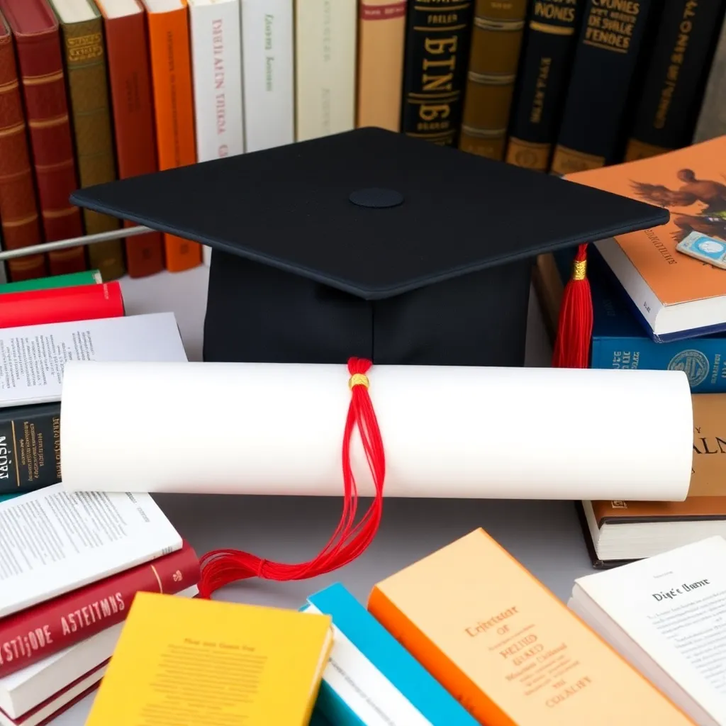 Graduation cap and diploma surrounded by diverse books.