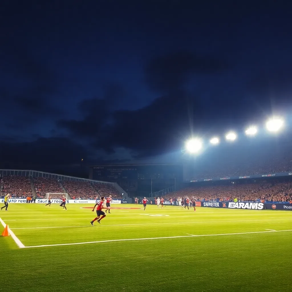 Exciting football game under stadium lights at dusk.