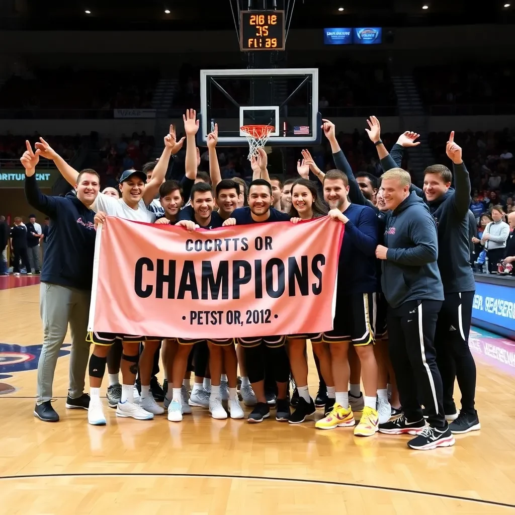 Team celebration on basketball court with victory banner.