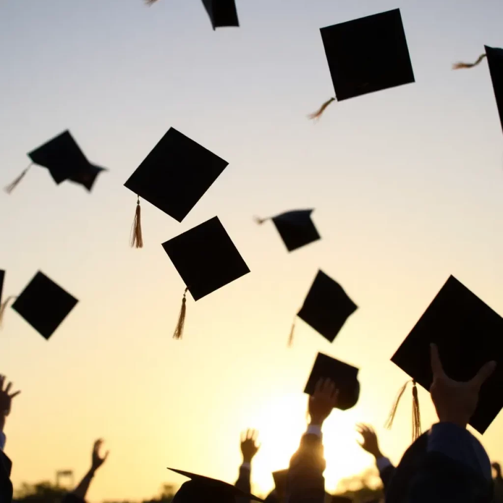 Graduation caps tossed in the air against sunrise backdrop.