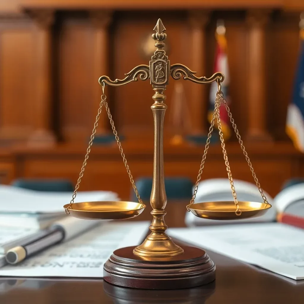 Justice scales balancing with courtroom backdrop and legal documents.