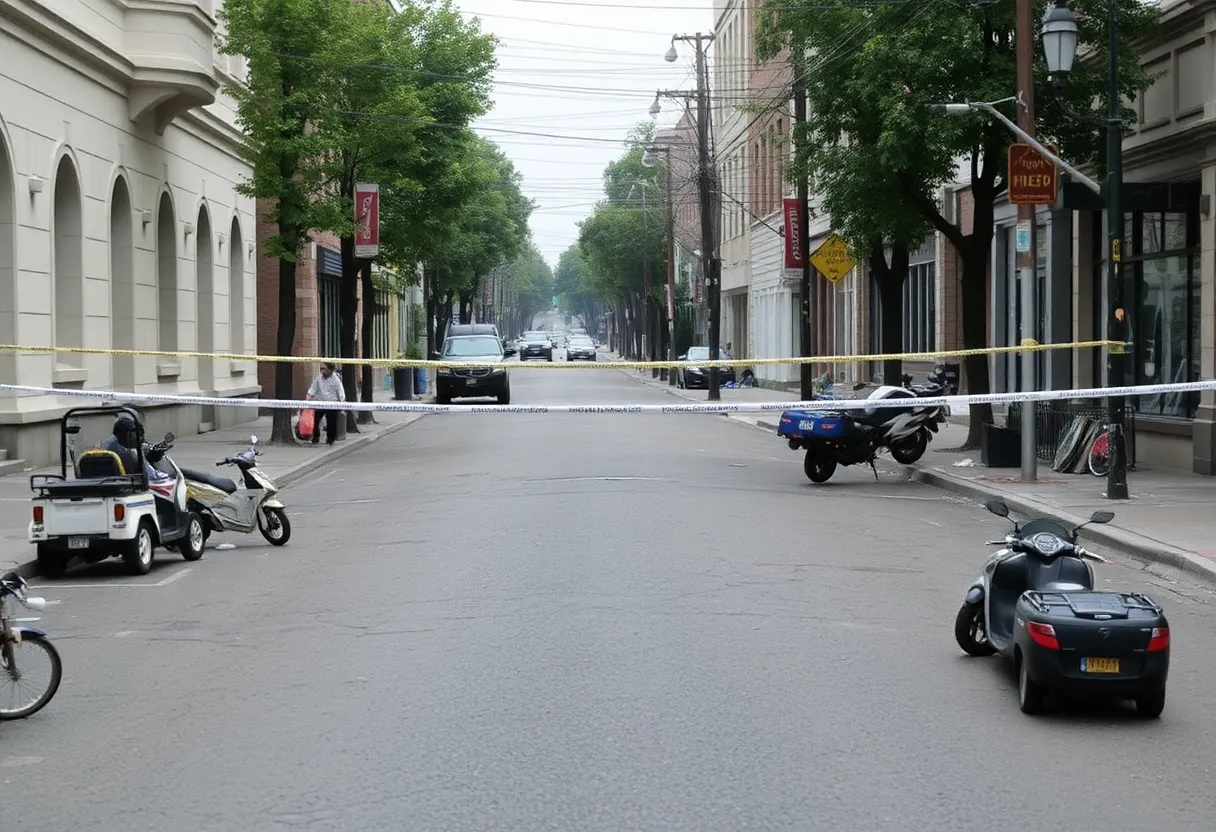 Empty streets with police tape and abandoned belongings.