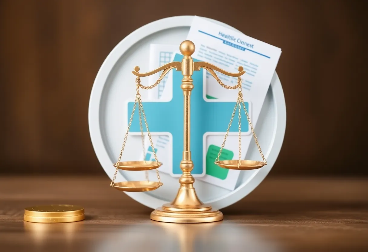 Healthcare symbol with legal scales and funding documents.