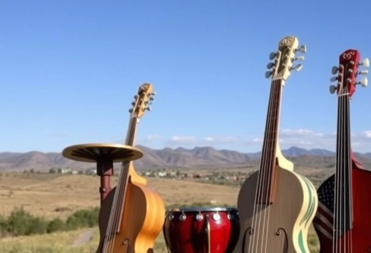 Colorful musical instruments with Southern scenery backdrop.