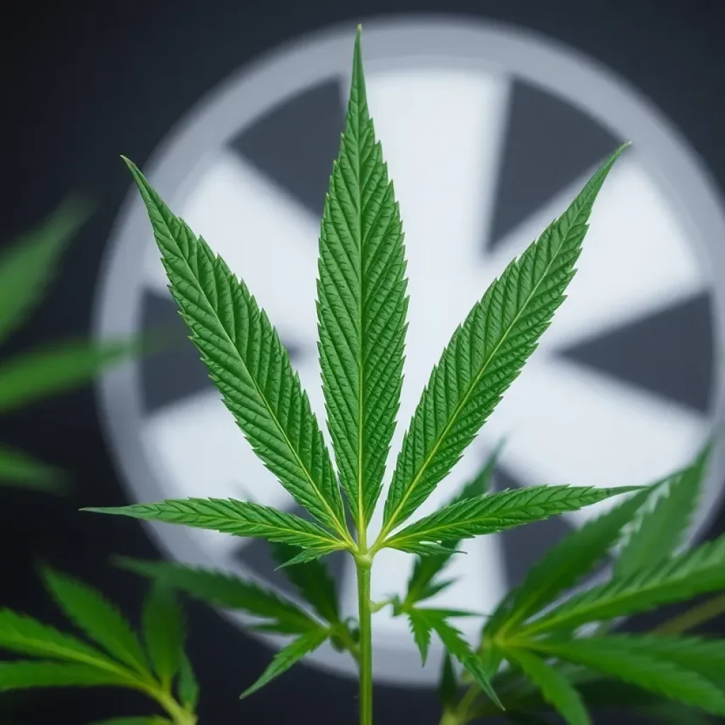 Green cannabis leaves with a medical symbol background.