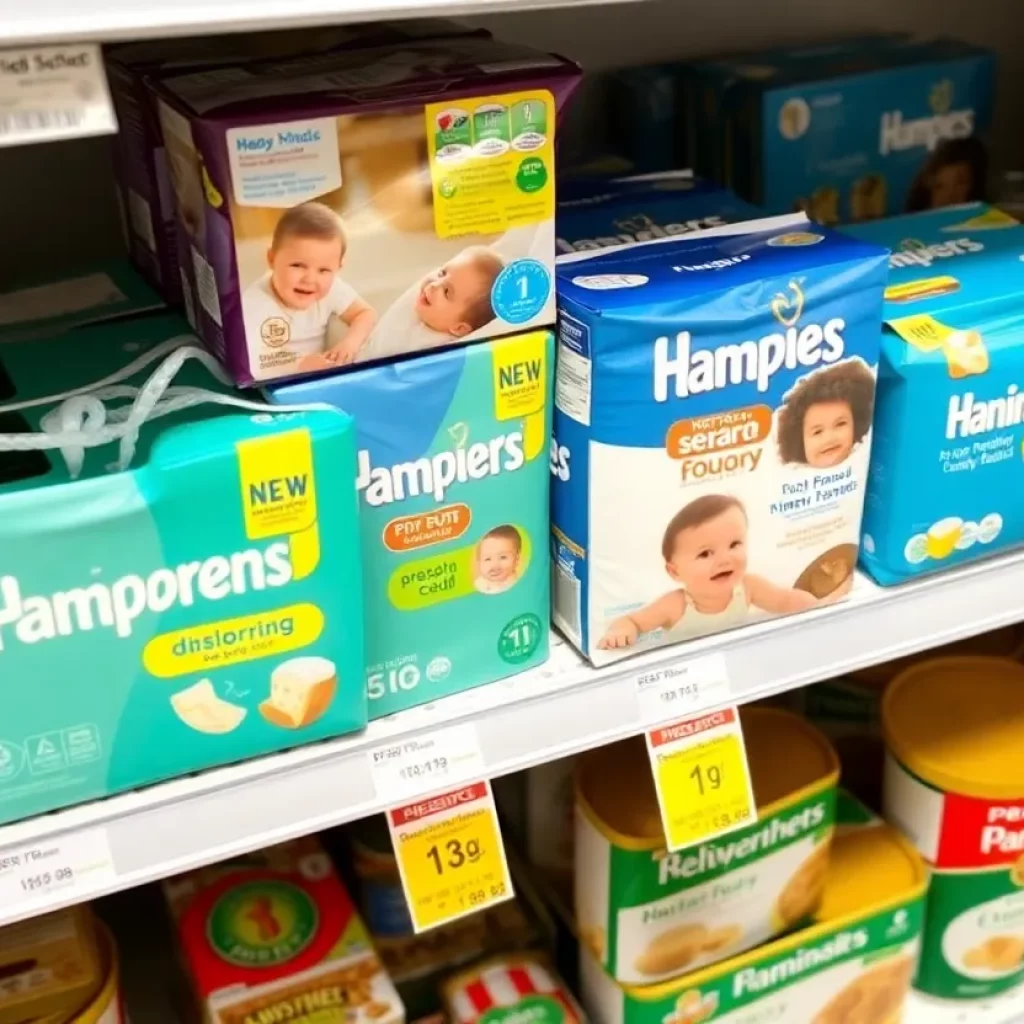 Diaper and baby food products on a grocery store shelf.