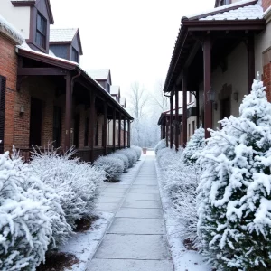 Frost-covered Southern architectural details in chilly atmosphere.