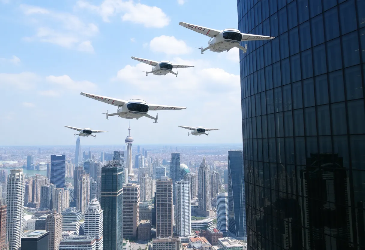 Futuristic aerial vehicles flying over a modern city skyline.