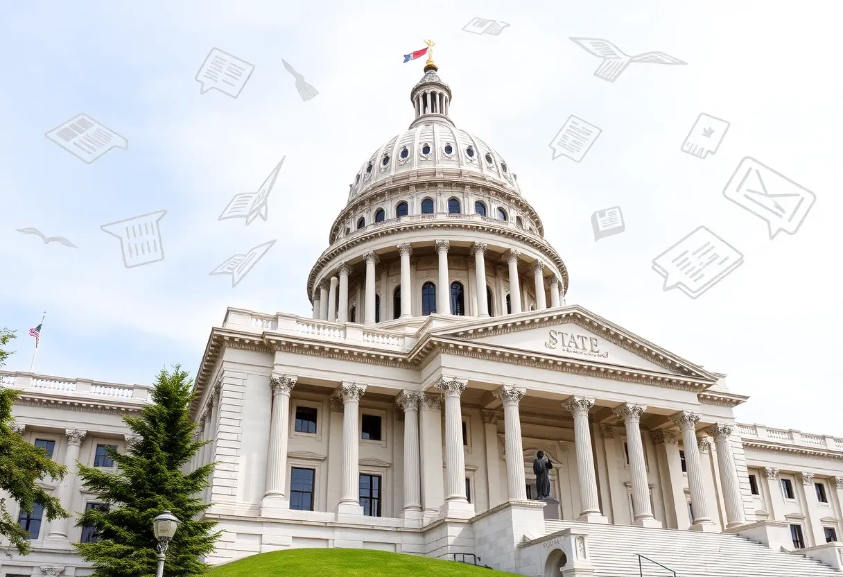 State Capitol building with educational symbols and documents.