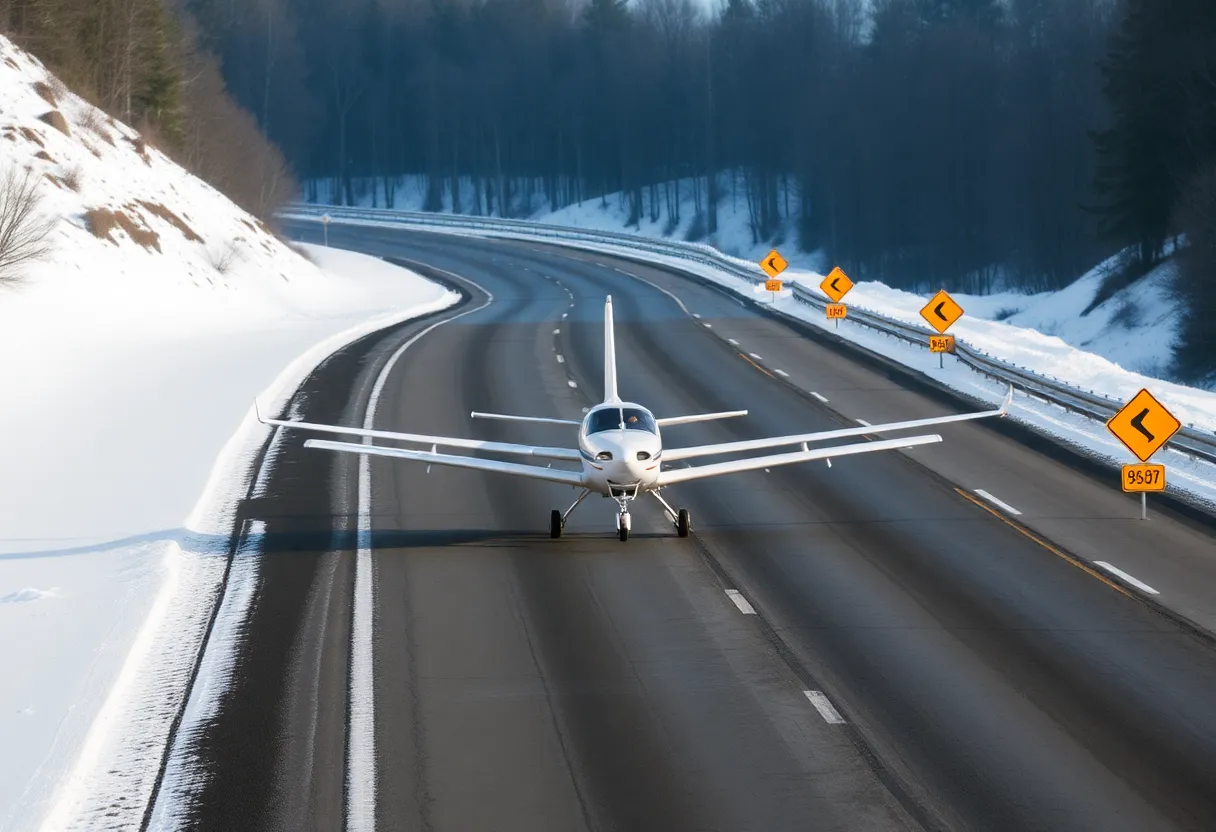 Small plane on snowy highway with caution signs.