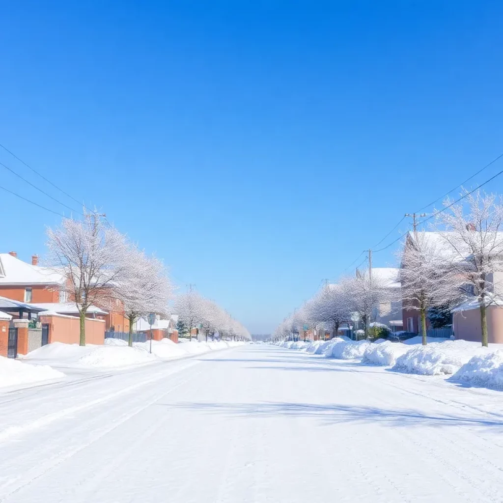 Snow-covered streets under a clear blue sky.