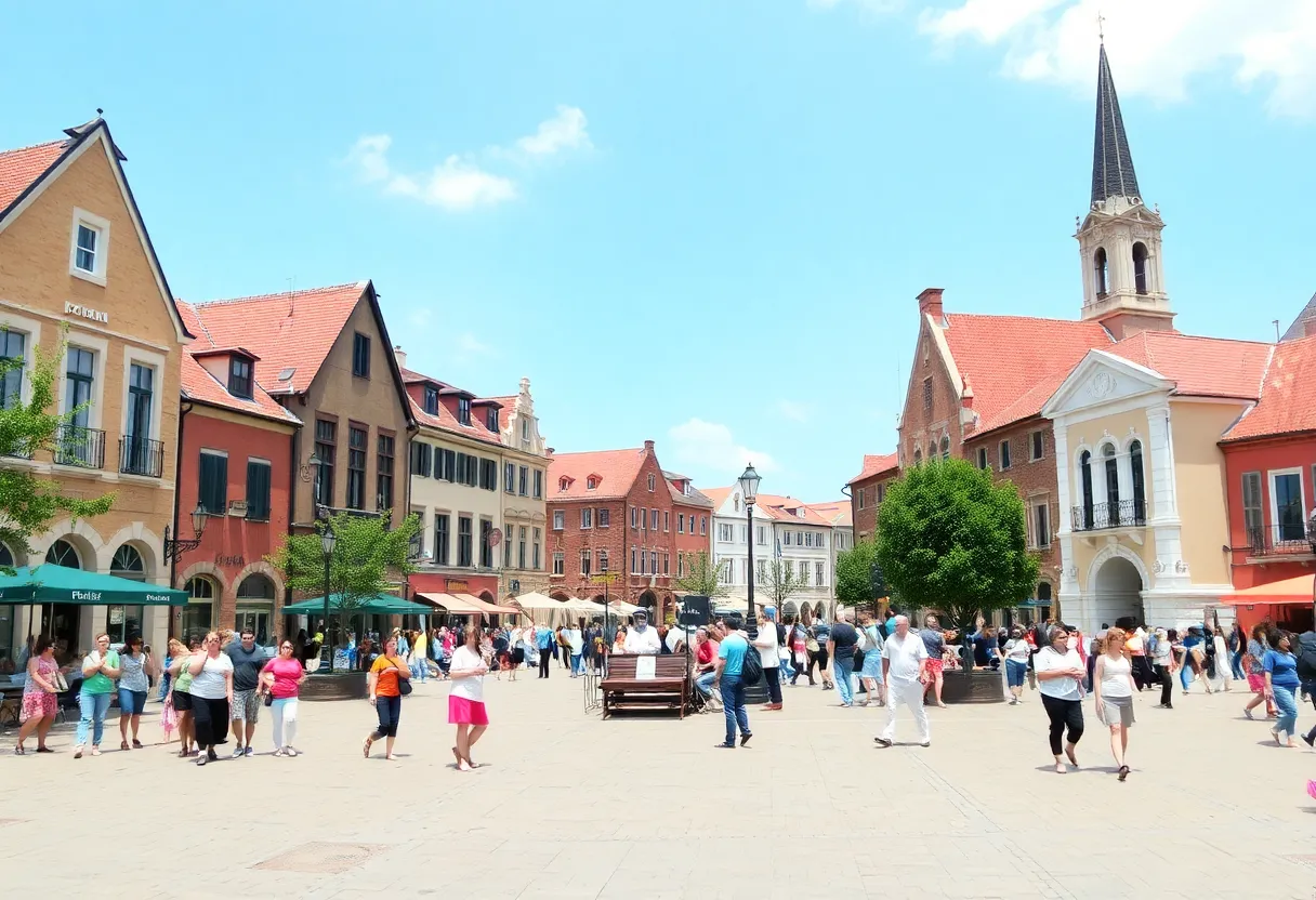 Historic town square with vibrant community gathering.