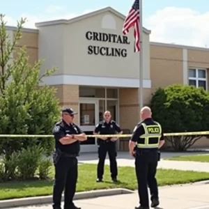 School building with police presence, caution tape, and safety.