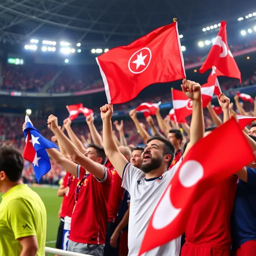 Celebratory football fans waving flags in a stadium.