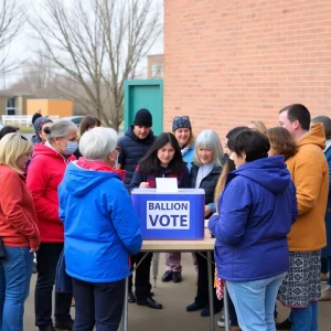 Community gathering around a ballot box for education vote.