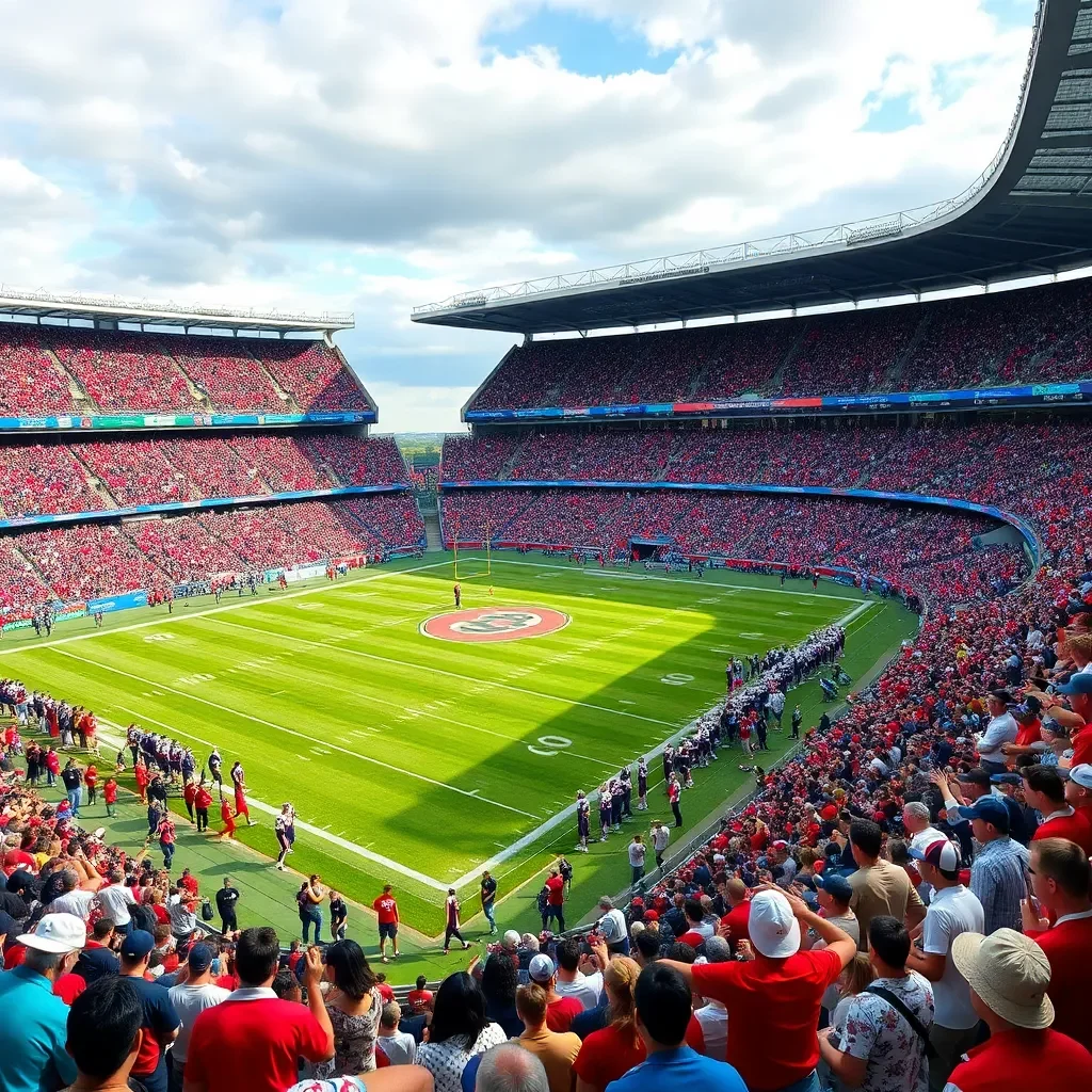 Football field with cheering fans and vibrant team colors.