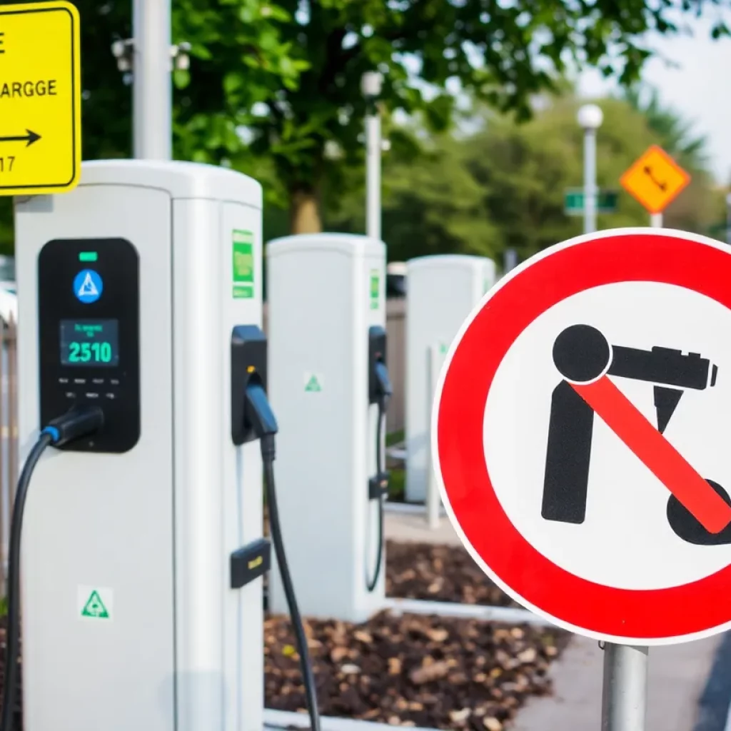 Electric vehicle charging station with regulatory road signs.