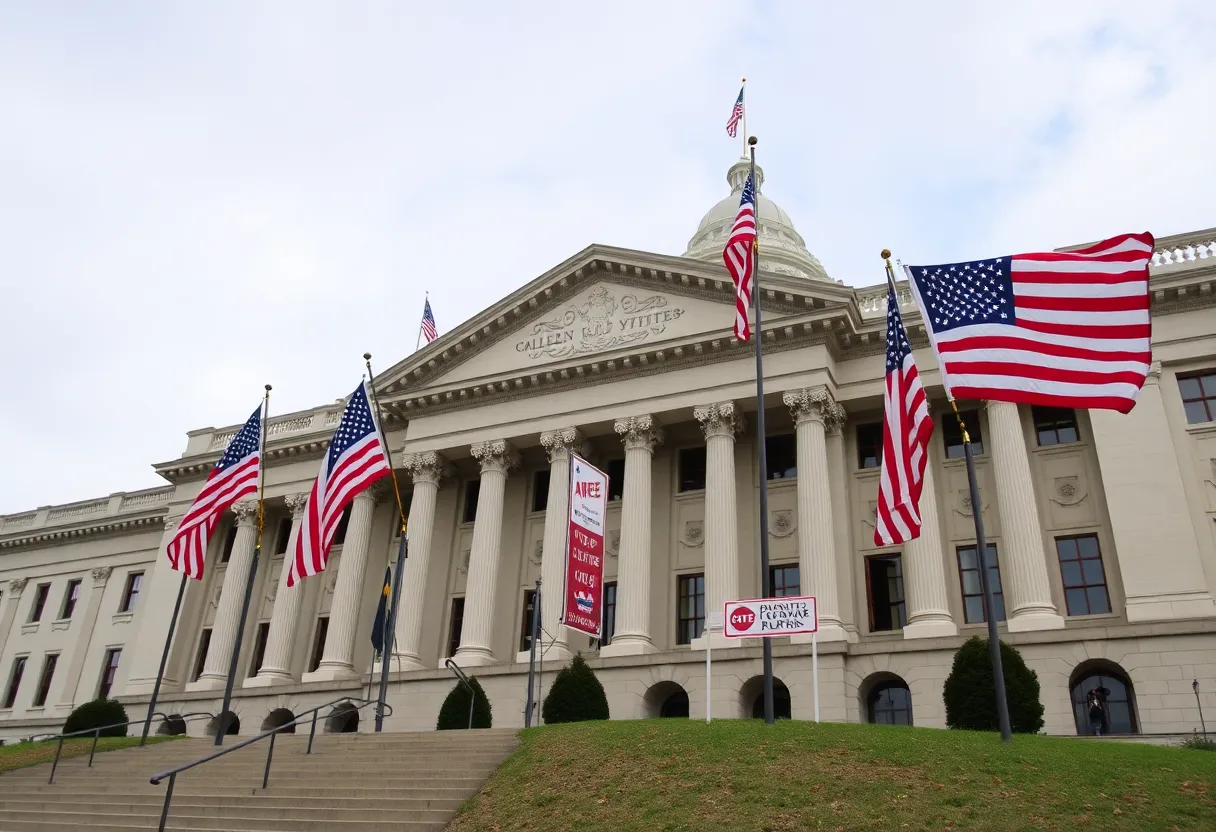 Legislative building with American flags and voting signs.