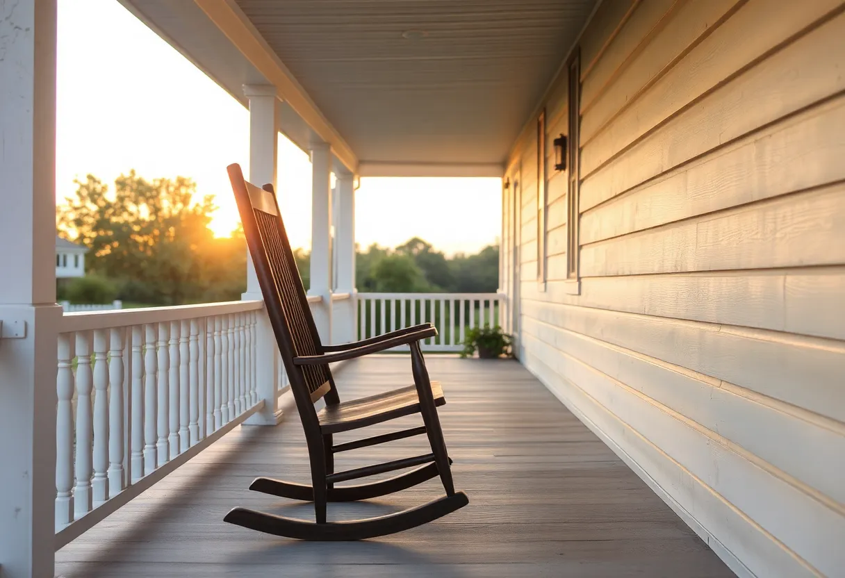 An empty rocking chair on a porch at sunset.