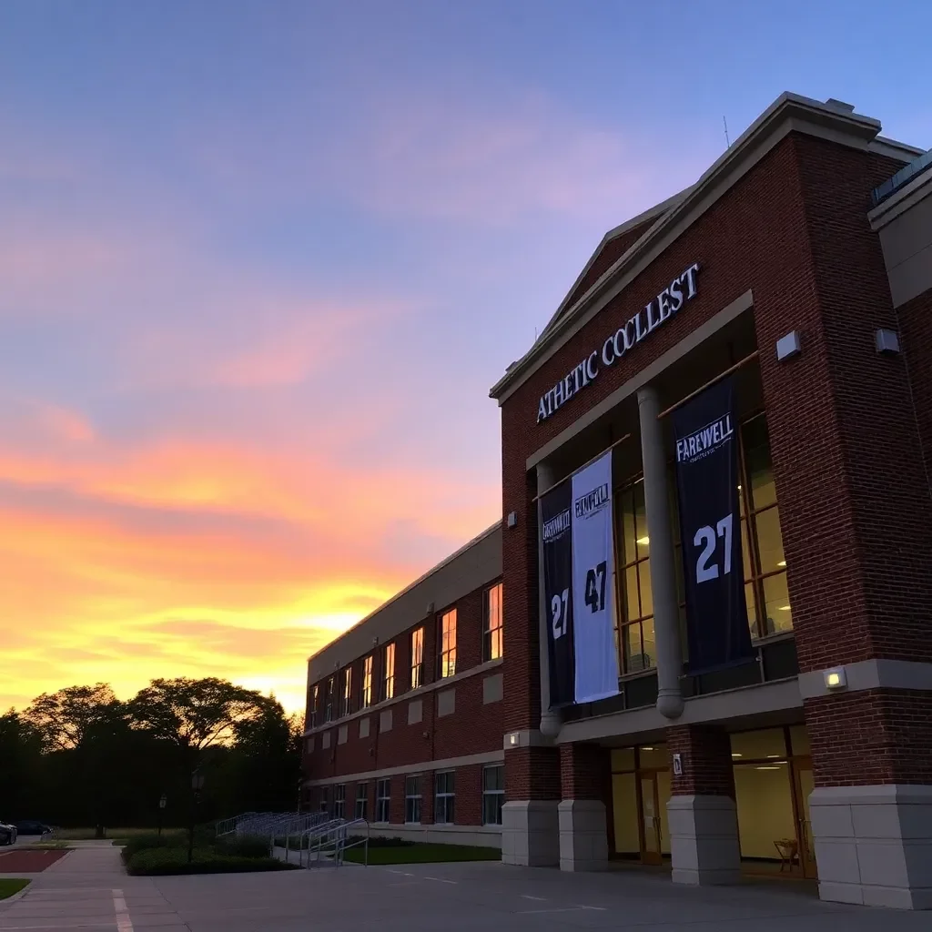 Athletic building with sunset and farewell banners.