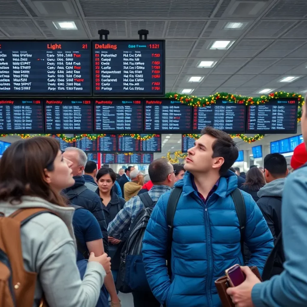 A busy airport terminal filled with travelers experiencing delays during the holiday season.