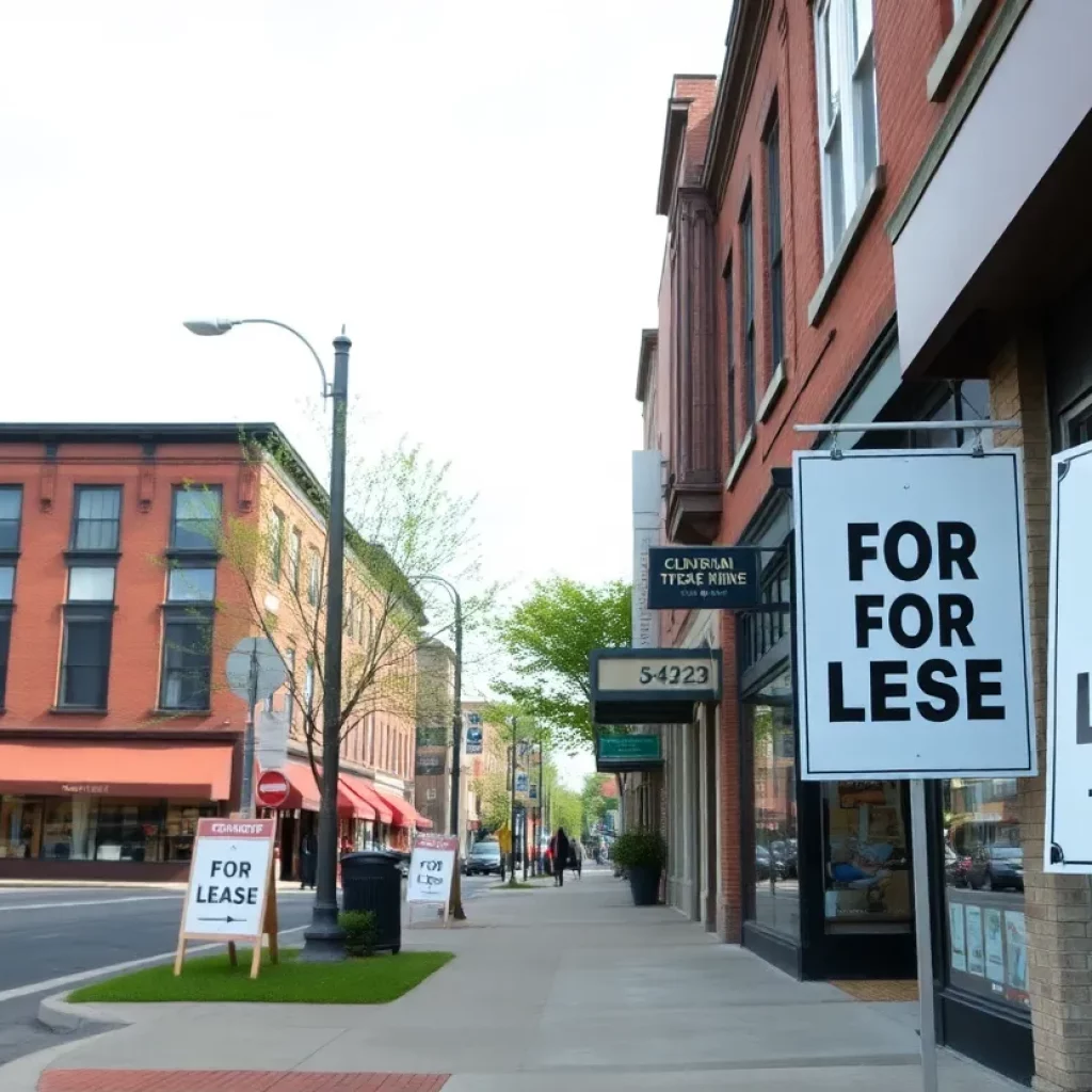 Street view of closed businesses in Columbia with 'For Lease' signs.