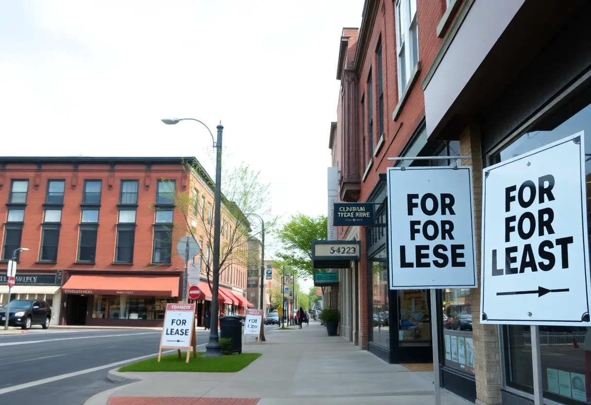 Street view of closed businesses in Columbia with 'For Lease' signs.