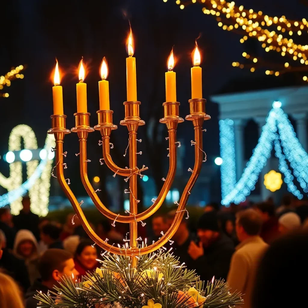 Community gathering for Hanukkah and Christmas celebration with a large menorah.