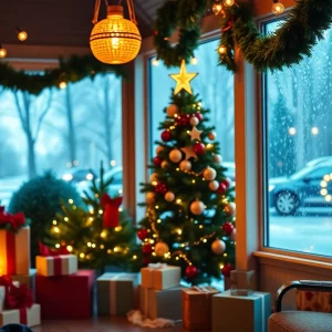 Indoor Christmas decorations with rainy weather visible outside